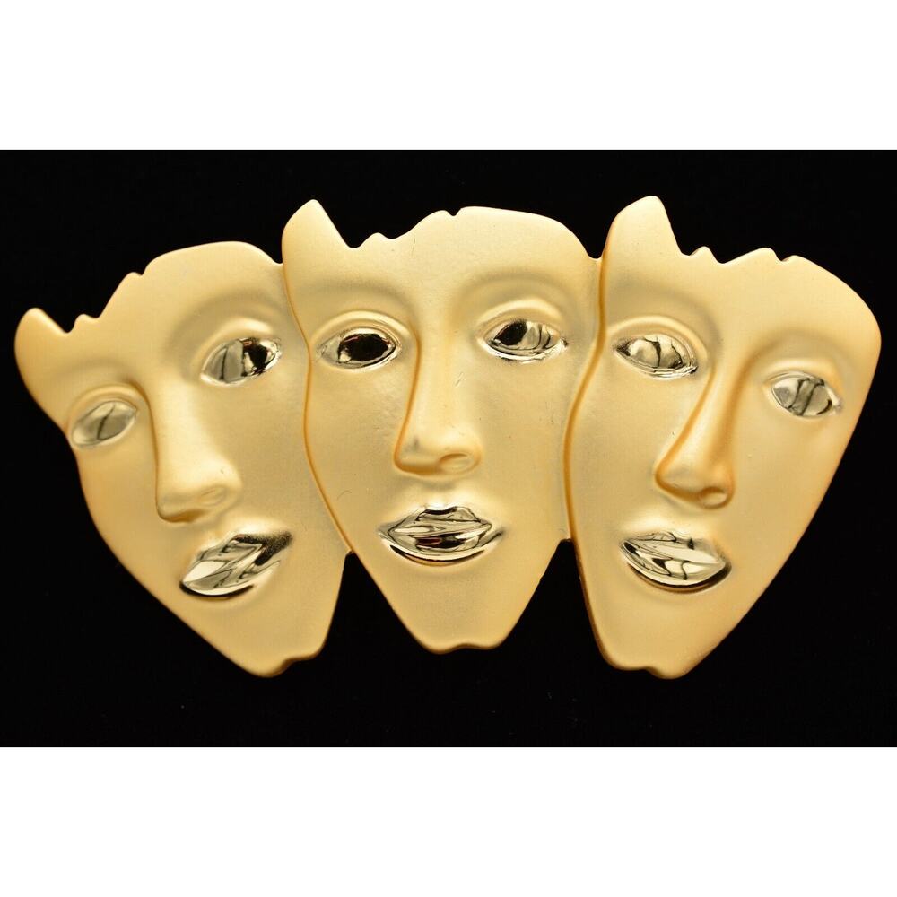 Vintage Abstract Face Mask Pin Brooch Bold Brushed Gold Chunky Heavy NOS BinA12